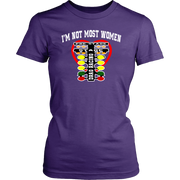 A bold apparel design featuring "I'm Not Most Women" printed on premium women's drag racing t-shirts, v-necks, and hoodies.