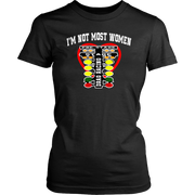A bold apparel design featuring "I'm Not Most Women" printed on premium women's drag racing t-shirts, v-necks, and hoodies.