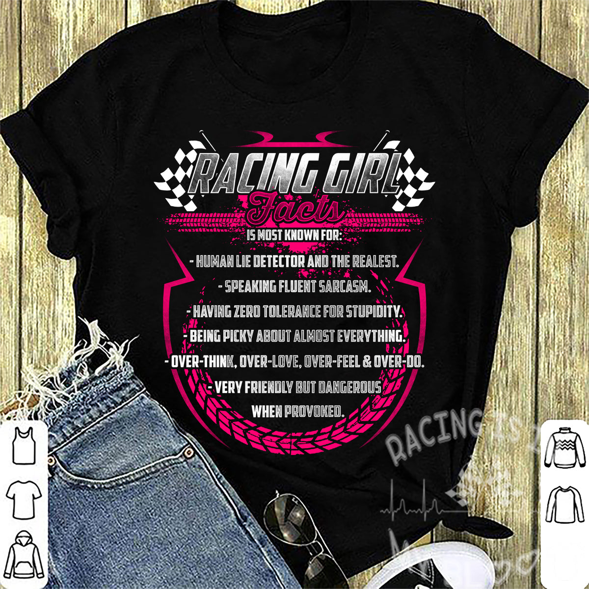 A bold apparel design featuring "Racing Girl Facts" printed on premium women's t-shirts, racerback tanks, and hoodies.