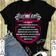 A bold apparel design featuring "Racing Girl Facts" printed on premium women's t-shirts, racerback tanks, and hoodies.