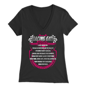 A bold apparel design featuring "Racing Girl Facts" printed on premium women's t-shirts, racerback tanks, and hoodies.
