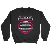 A bold apparel design featuring "Racing Girl Facts" printed on premium women's t-shirts, racerback tanks, and hoodies.