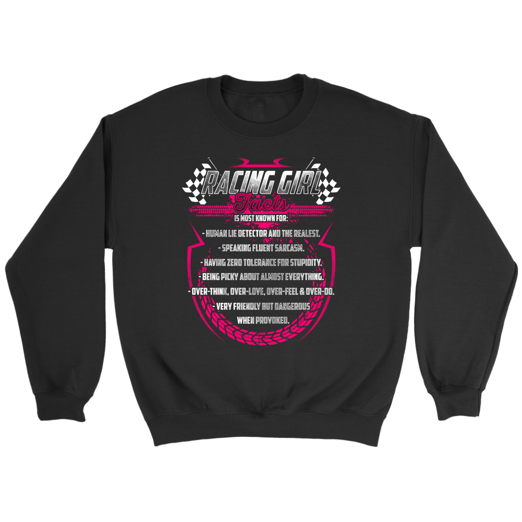 A bold apparel design featuring "Racing Girl Facts" printed on premium women's t-shirts, racerback tanks, and hoodies.
