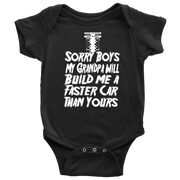 A cute and sassy kids' apparel design featuring the text "Sorry Boys My Grandpa Will Build Me A Faster Car Than Yours" with drag racing graphics, printed on high-quality baby bodysuits, toddler tees, and youth hoodies.