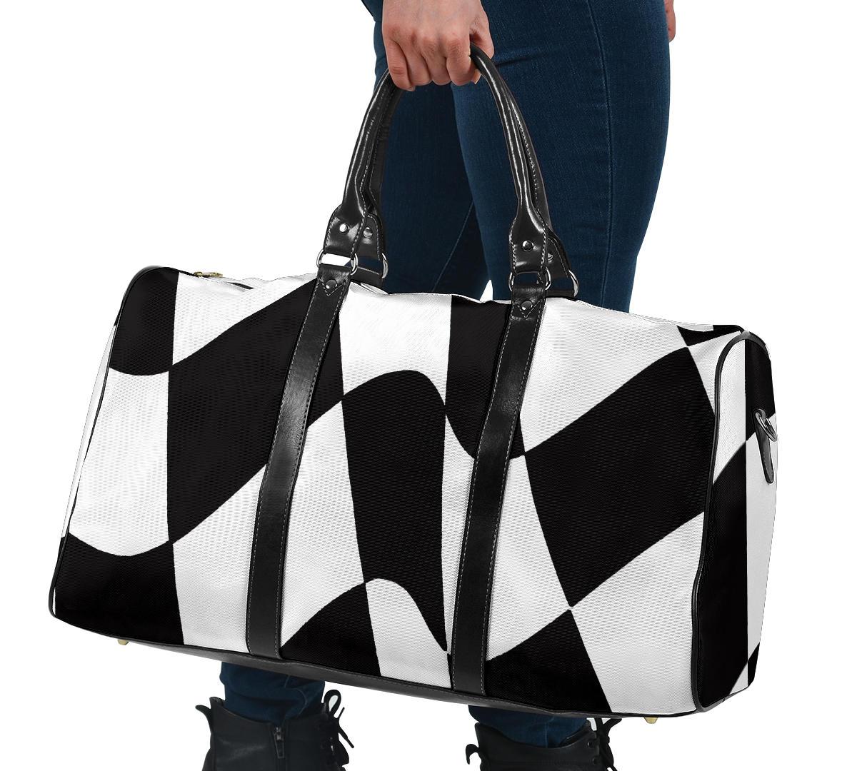 A durable, waterproof racing-themed travel bag featuring padded handles, multiple pockets, and a detachable shoulder strap designed for storing motorsports gear.