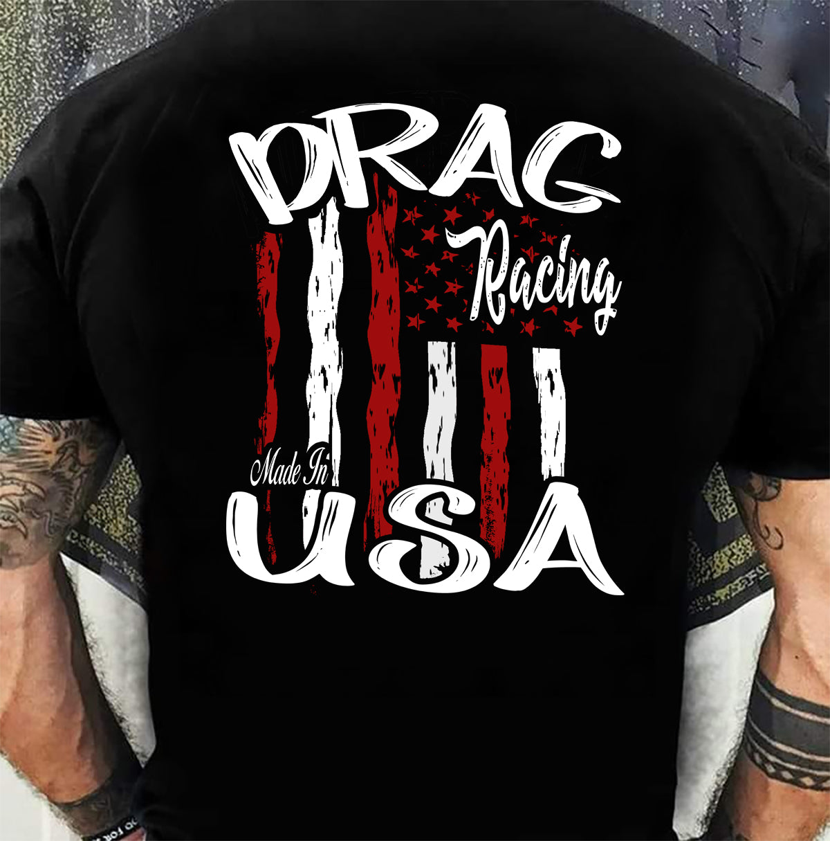 A high-quality apparel design featuring "Drag Racing Made In USA" printed on premium t-shirts and hoodies for racing fans.
