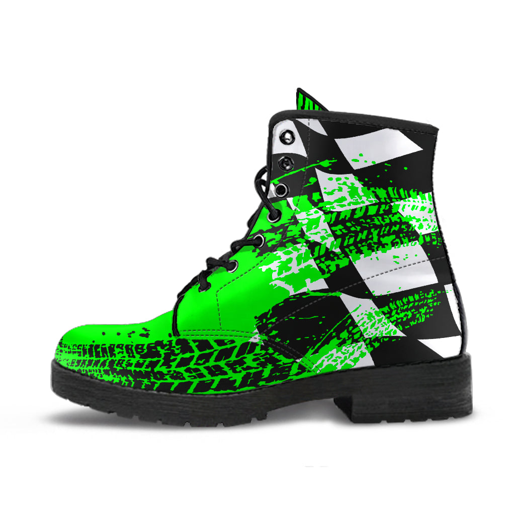 A pair of Pistachio Green Racing Girl Boots with a custom racing-themed print and a durable black rubber sole.