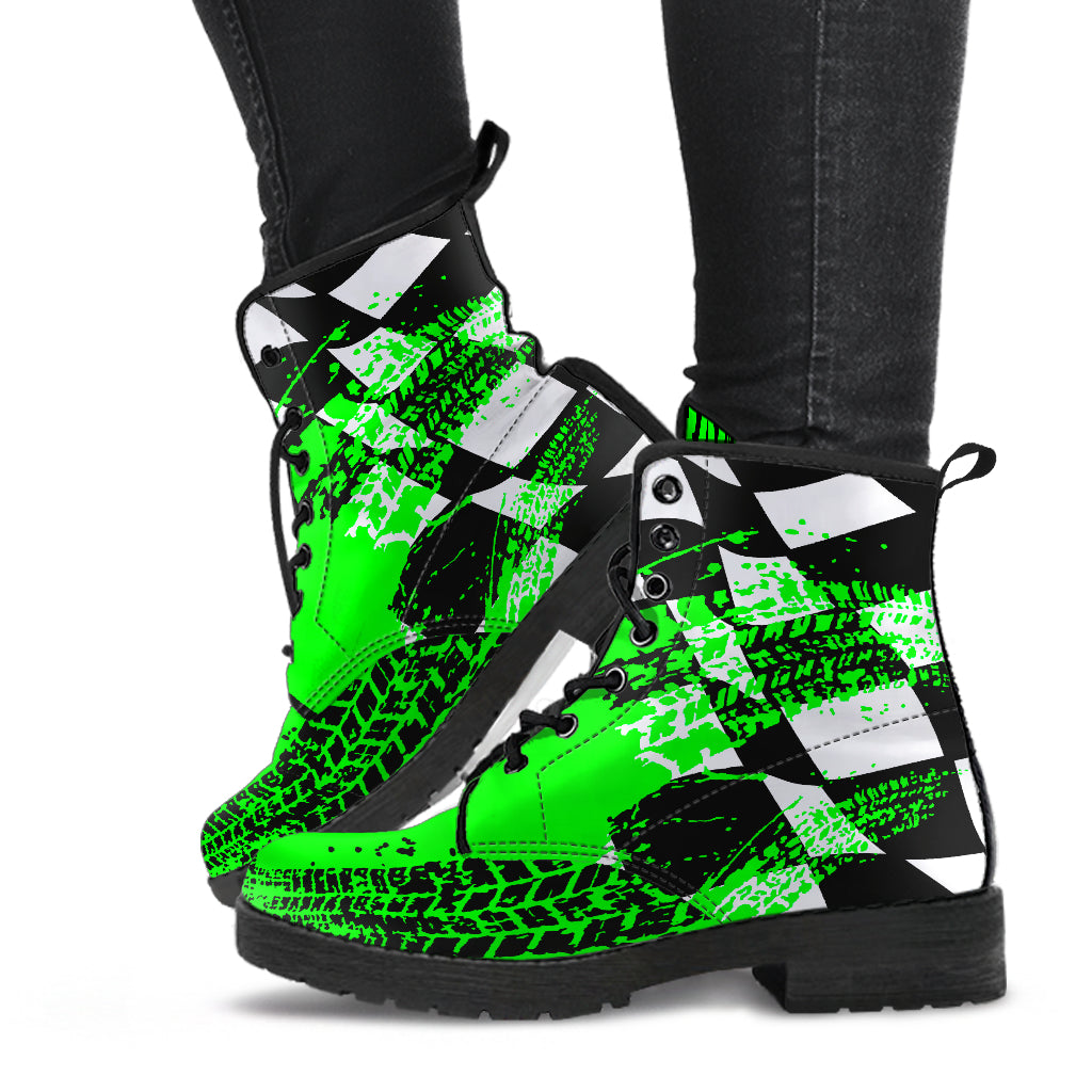 A pair of Pistachio Green Racing Girl Boots with a custom racing-themed print and a durable black rubber sole.