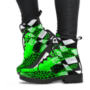 A pair of Pistachio Green Racing Girl Boots with a custom racing-themed print and a durable black rubber sole.