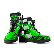 A pair of Pistachio Green Racing Girl Boots with a custom racing-themed print and a durable black rubber sole.