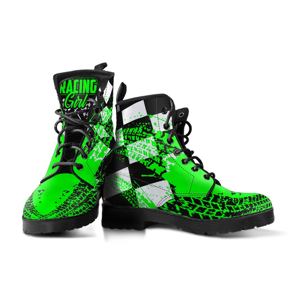 A pair of Pistachio Green Racing Girl Boots with a custom racing-themed print and a durable black rubber sole.