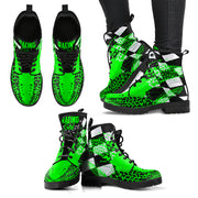 A pair of Pistachio Green Racing Girl Boots with a custom racing-themed print and a durable black rubber sole.