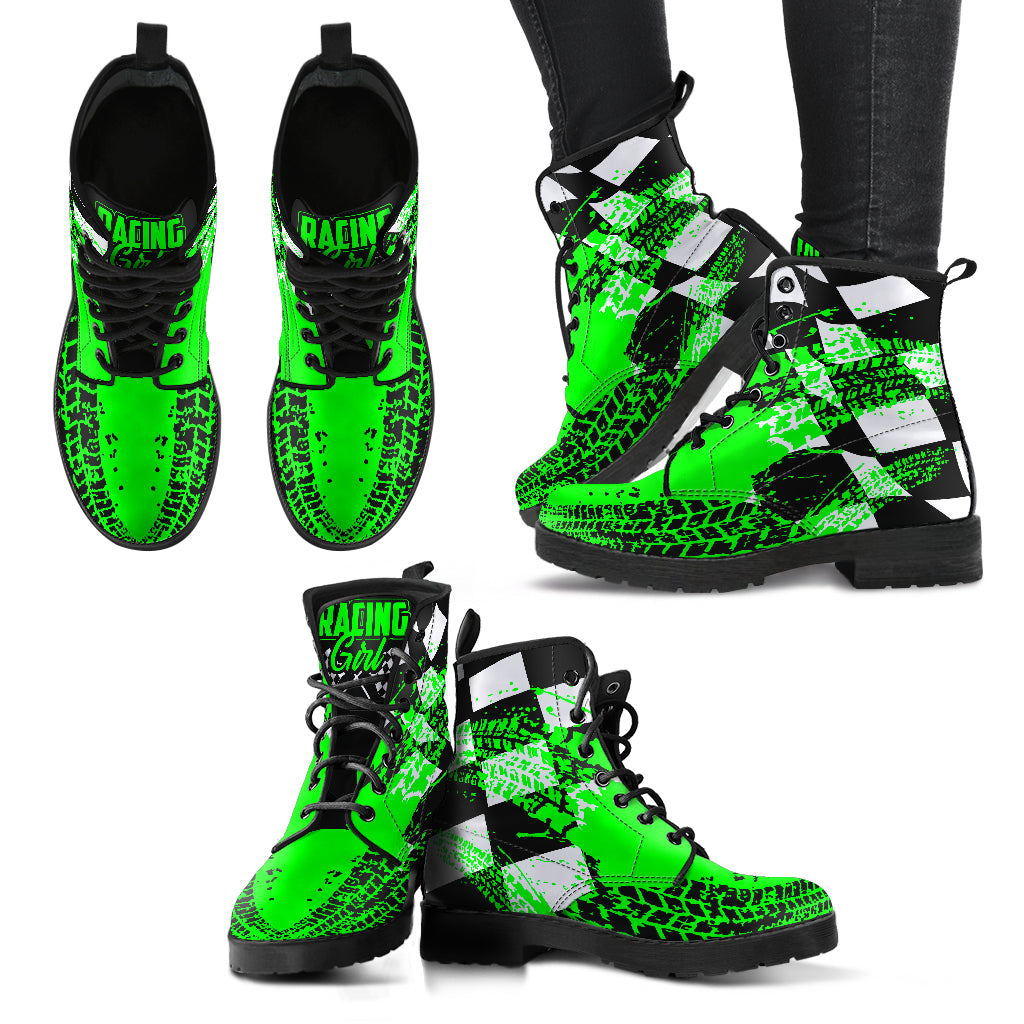 A pair of Pistachio Green Racing Girl Boots with a custom racing-themed print and a durable black rubber sole.
