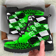 A pair of Pistachio Green Racing Girl Boots with a custom racing-themed print and a durable black rubber sole.