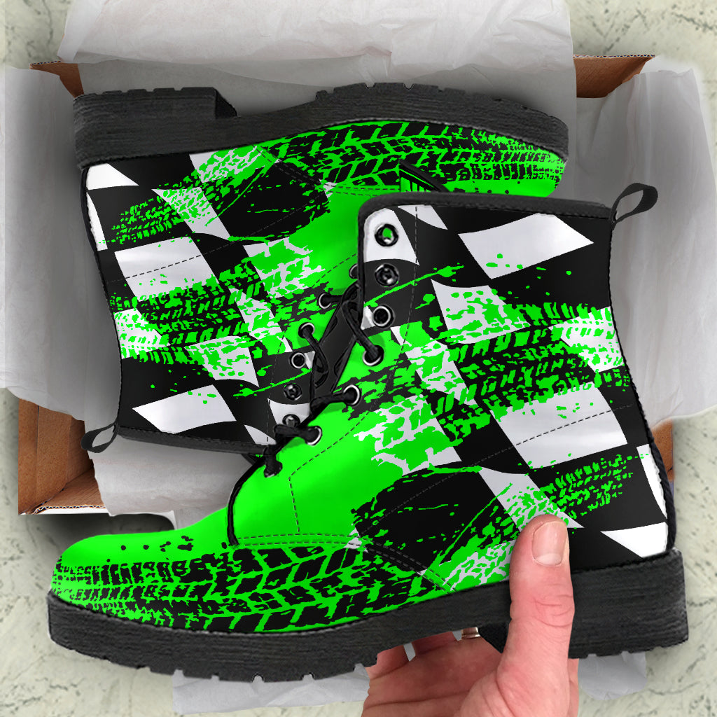 A pair of Pistachio Green Racing Girl Boots with a custom racing-themed print and a durable black rubber sole.