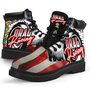 A pair of USA Drag Racing All-Season Boots featuring a bold, full-color drag racing design on high-quality water-resistant micro-suede with a heavy-duty black sole.