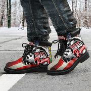 A pair of USA Drag Racing All-Season Boots featuring a bold, full-color drag racing design on high-quality water-resistant micro-suede with a heavy-duty black sole.