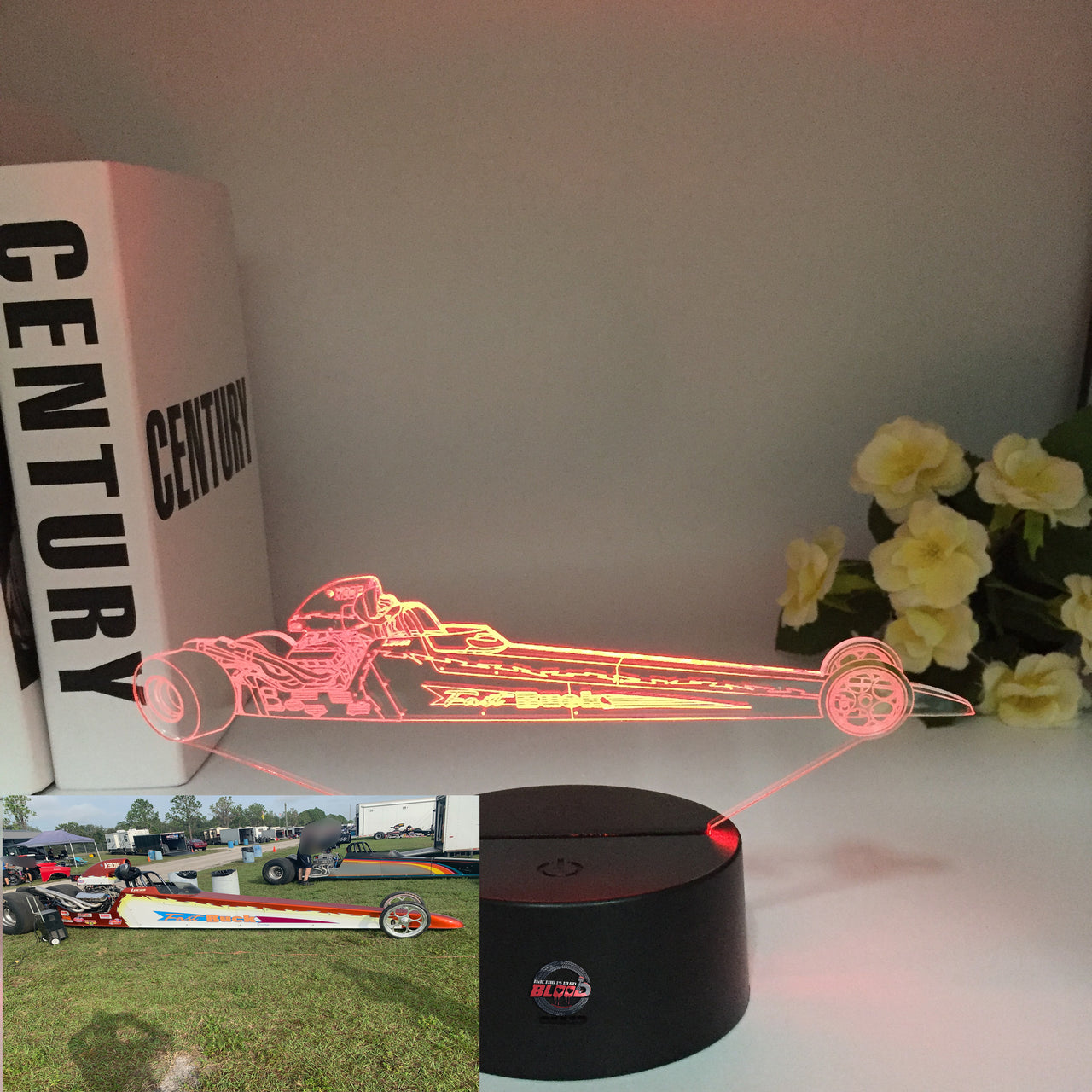 A personalized 3D LED Illusion Lamp featuring a custom-etched dragster design based on a user-provided photo, glowing in a vibrant blue on a black base.