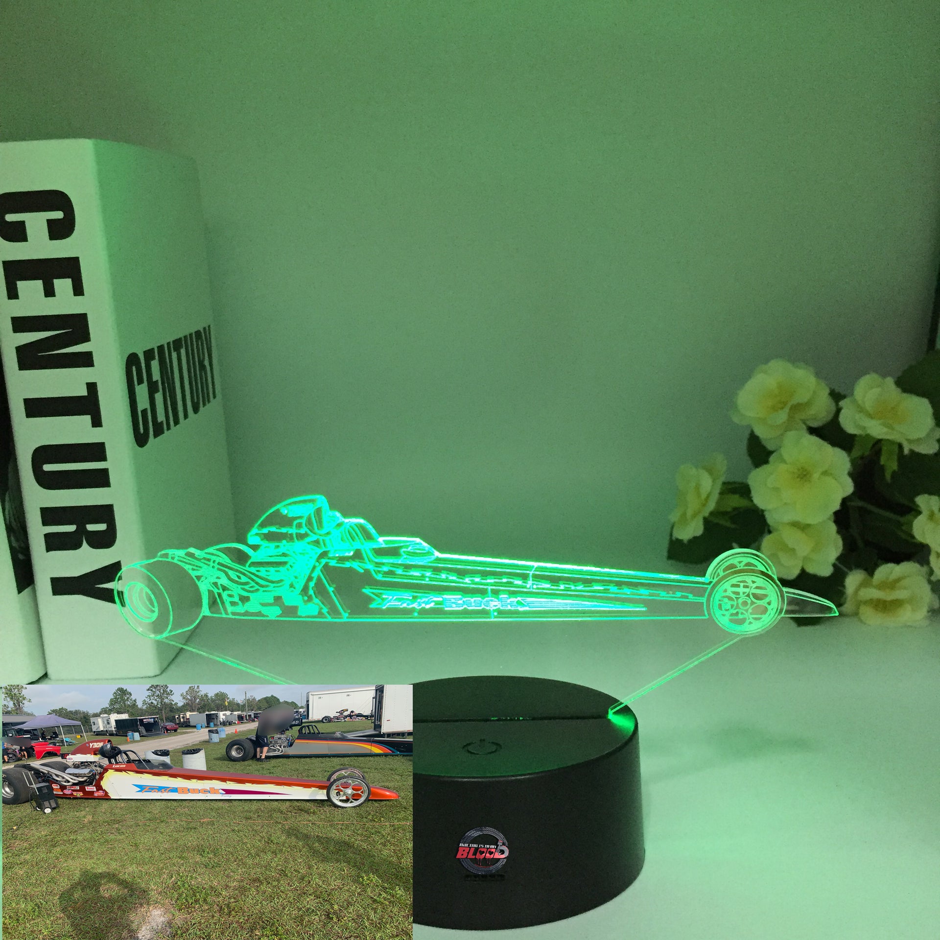 A personalized 3D LED Illusion Lamp featuring a custom-etched dragster design based on a user-provided photo, glowing in a vibrant blue on a black base.