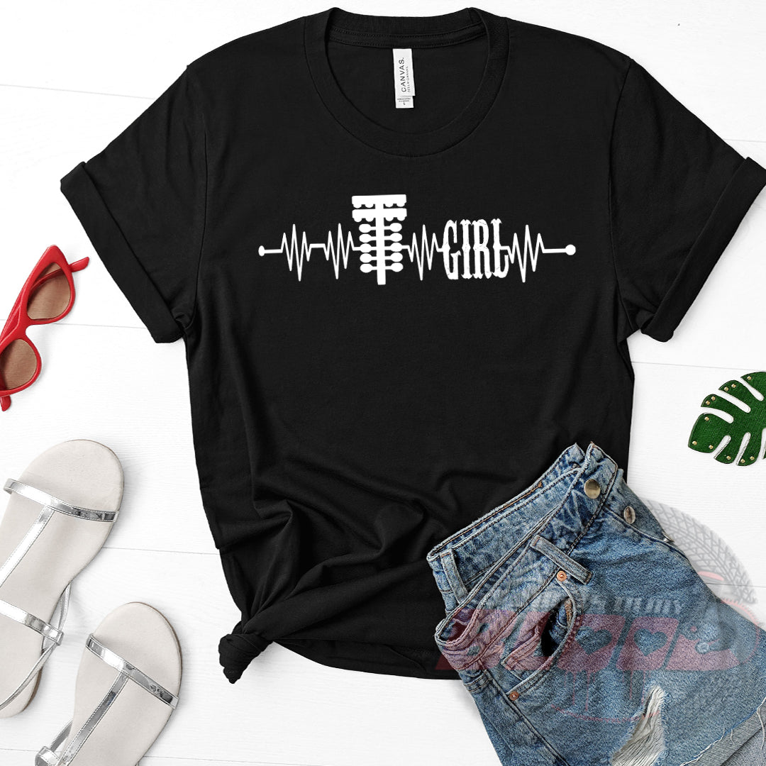 A stylish Drag Racing Girl Heartbeat design featuring a pulse line transitioning into a dragster silhouette, printed on premium women's trackside apparel.