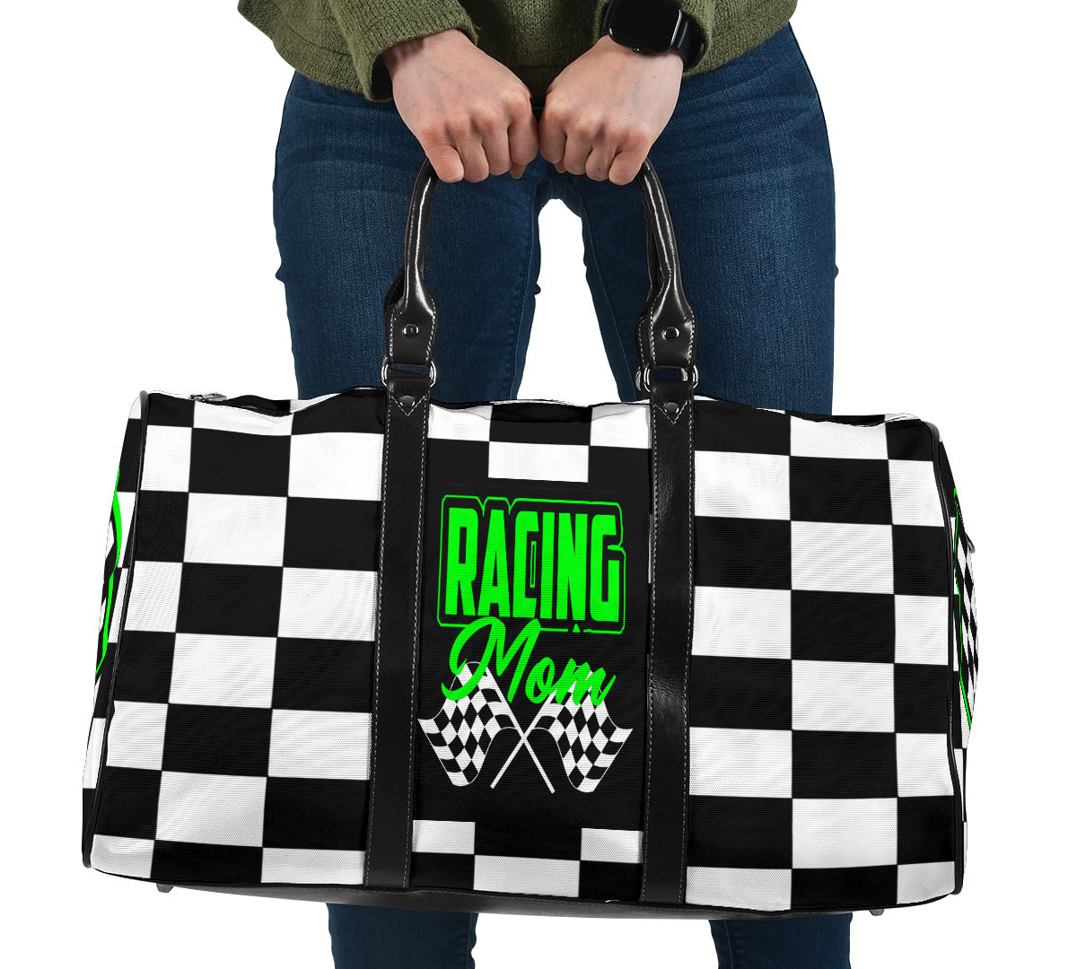 A stylish Racing Mom Travel Bag featuring a checkered flag pattern with the words "Racing Mom" and bright green accents, carried by a model.