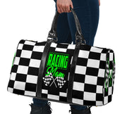 A stylish Racing Mom Travel Bag featuring a checkered flag pattern with the words "Racing Mom" and bright green accents, carried by a model.