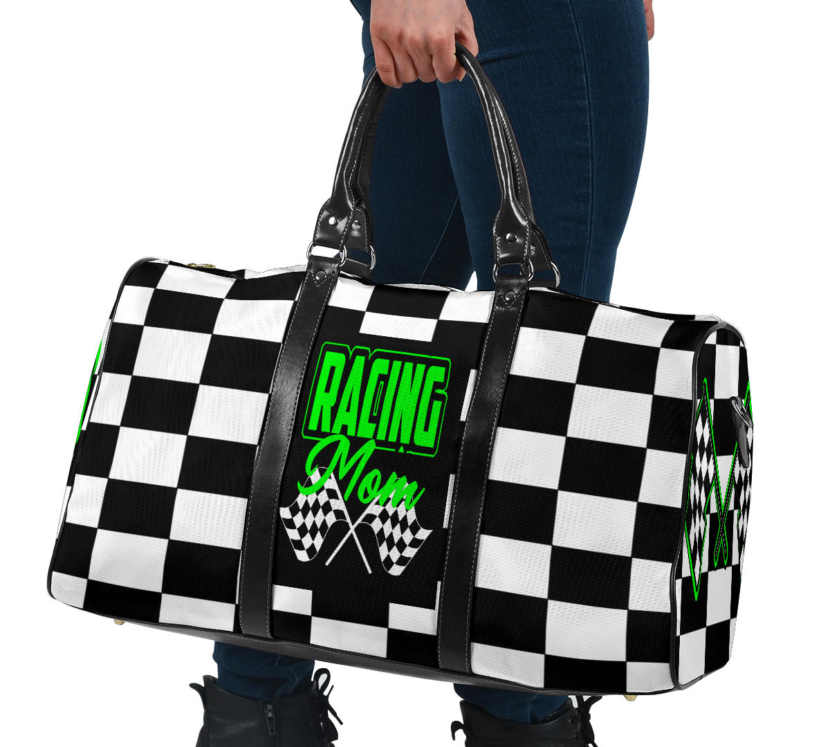 A stylish Racing Mom Travel Bag featuring a checkered flag pattern with the words "Racing Mom" and bright green accents, carried by a model.