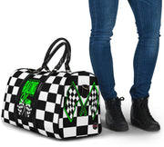 A stylish Racing Mom Travel Bag featuring a checkered flag pattern with the words "Racing Mom" and bright green accents, carried by a model.