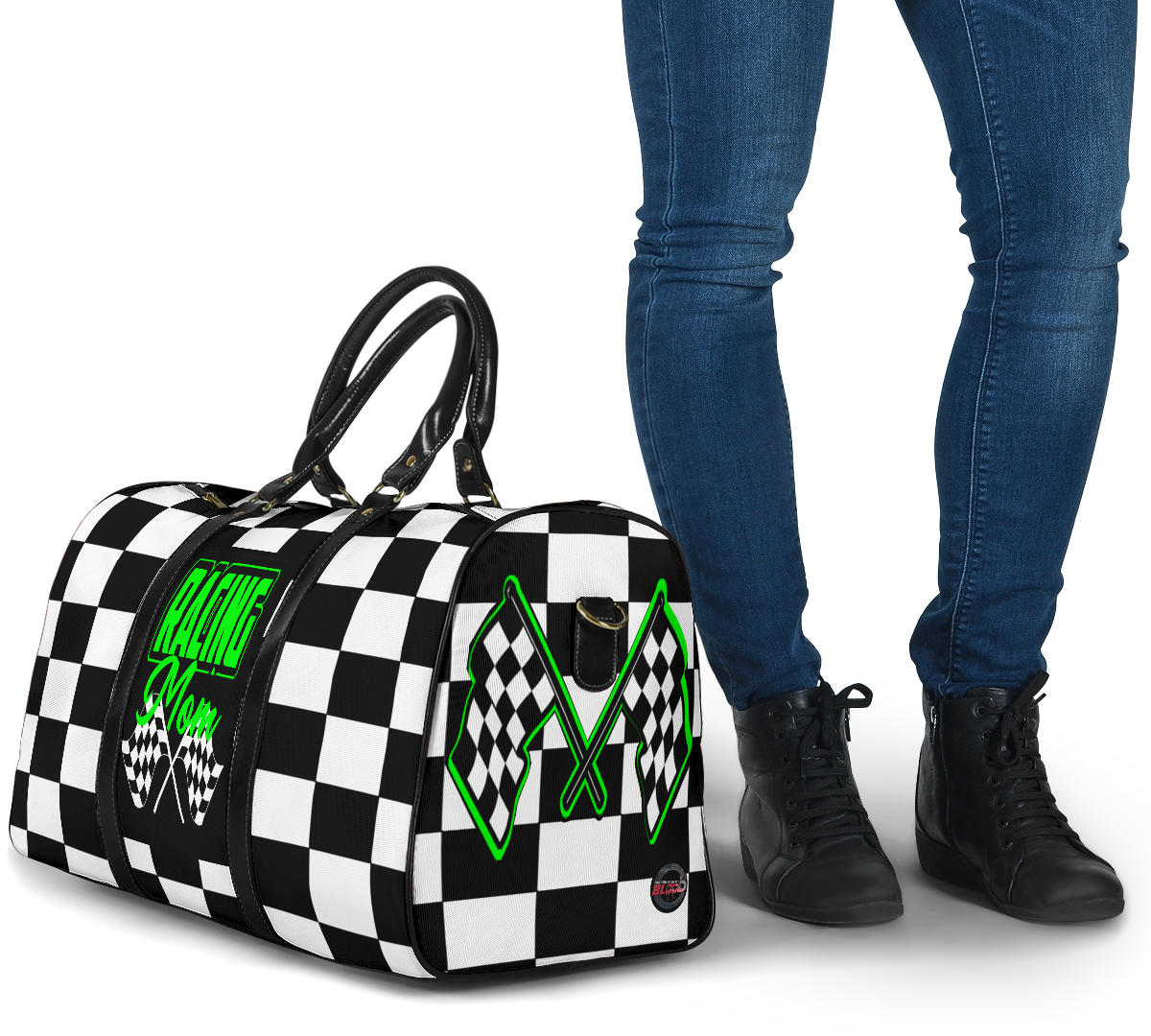 A stylish Racing Mom Travel Bag featuring a checkered flag pattern with the words "Racing Mom" and bright green accents, carried by a model.