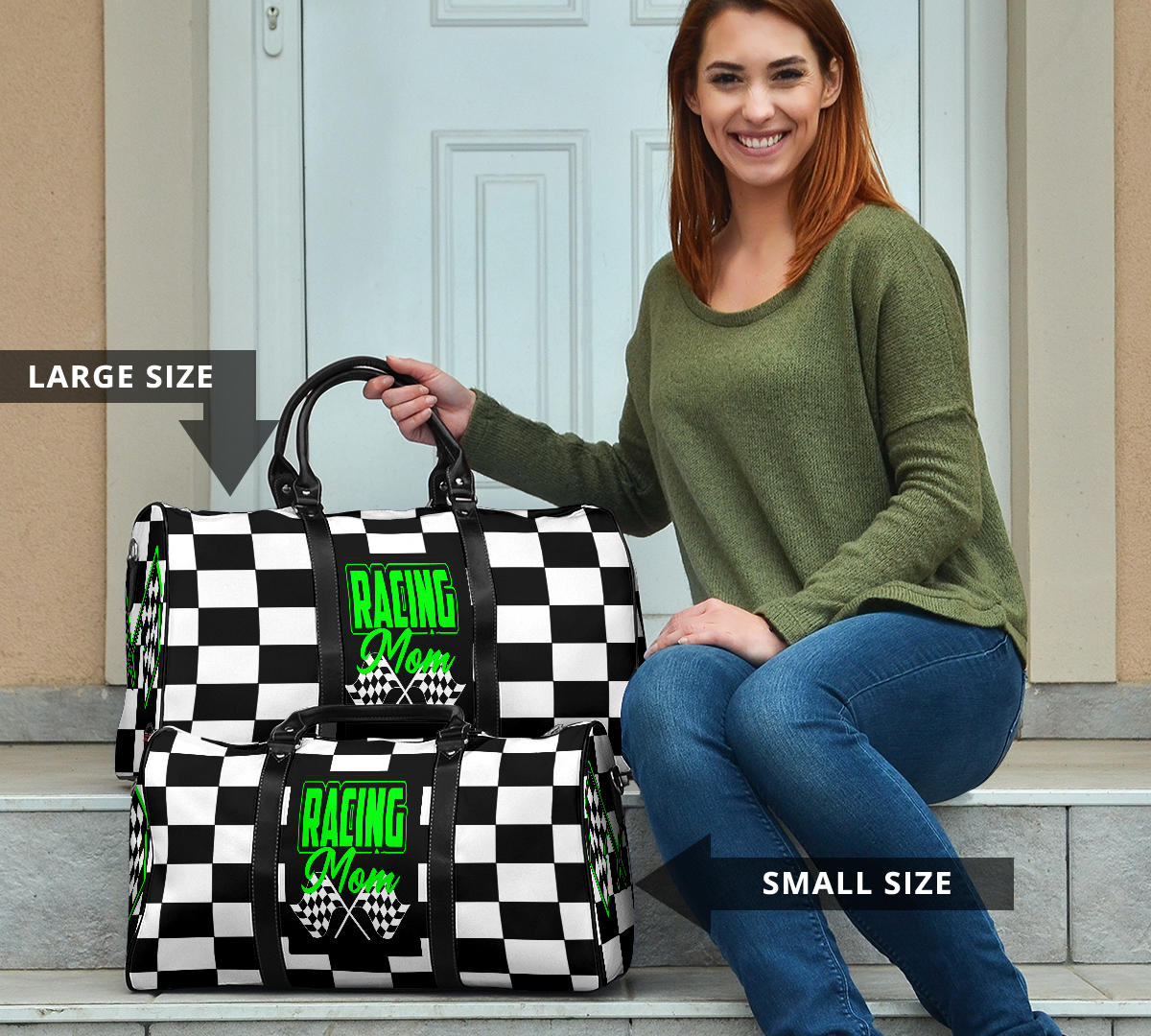 A stylish Racing Mom Travel Bag featuring a checkered flag pattern with the words "Racing Mom" and bright green accents, carried by a model.