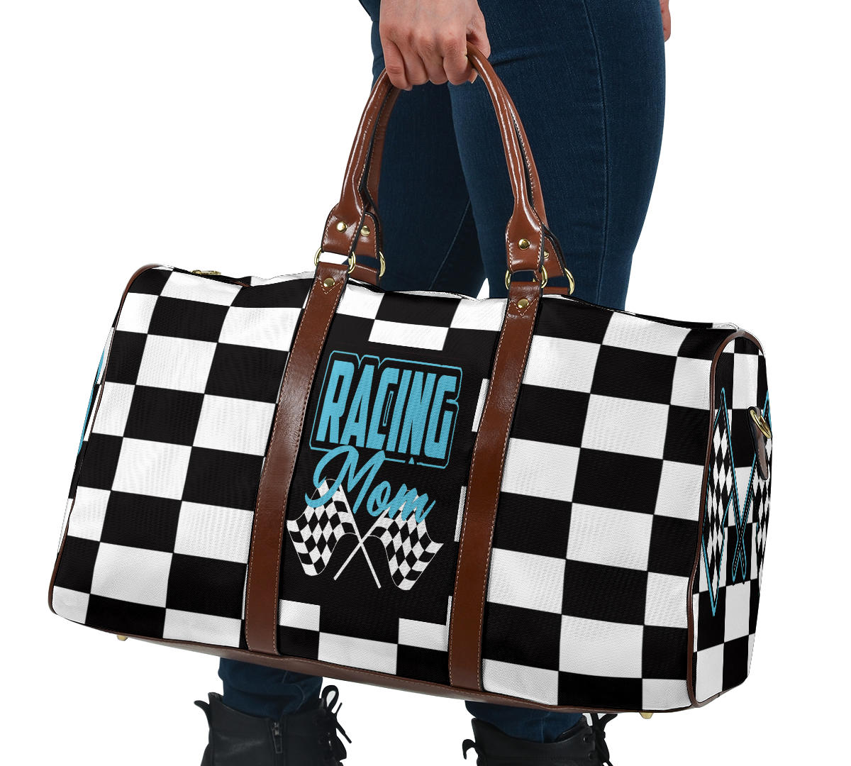 A stylish Racing Mom Travel Bag featuring a checkered flag pattern with the words "Racing Mom" and light blue accents, carried by a model.