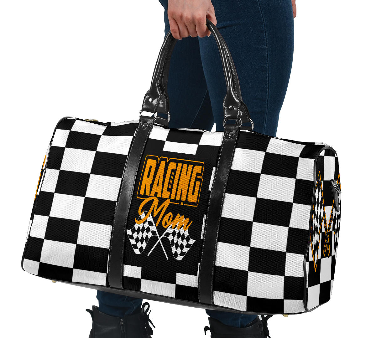 A stylish Racing Mom Travel Bag featuring a checkered flag pattern with the words "Racing Mom" and vibrant orange accents, carried by a model.