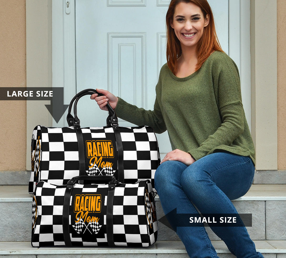 A stylish Racing Mom Travel Bag featuring a checkered flag pattern with the words "Racing Mom" and vibrant orange accents, carried by a model.