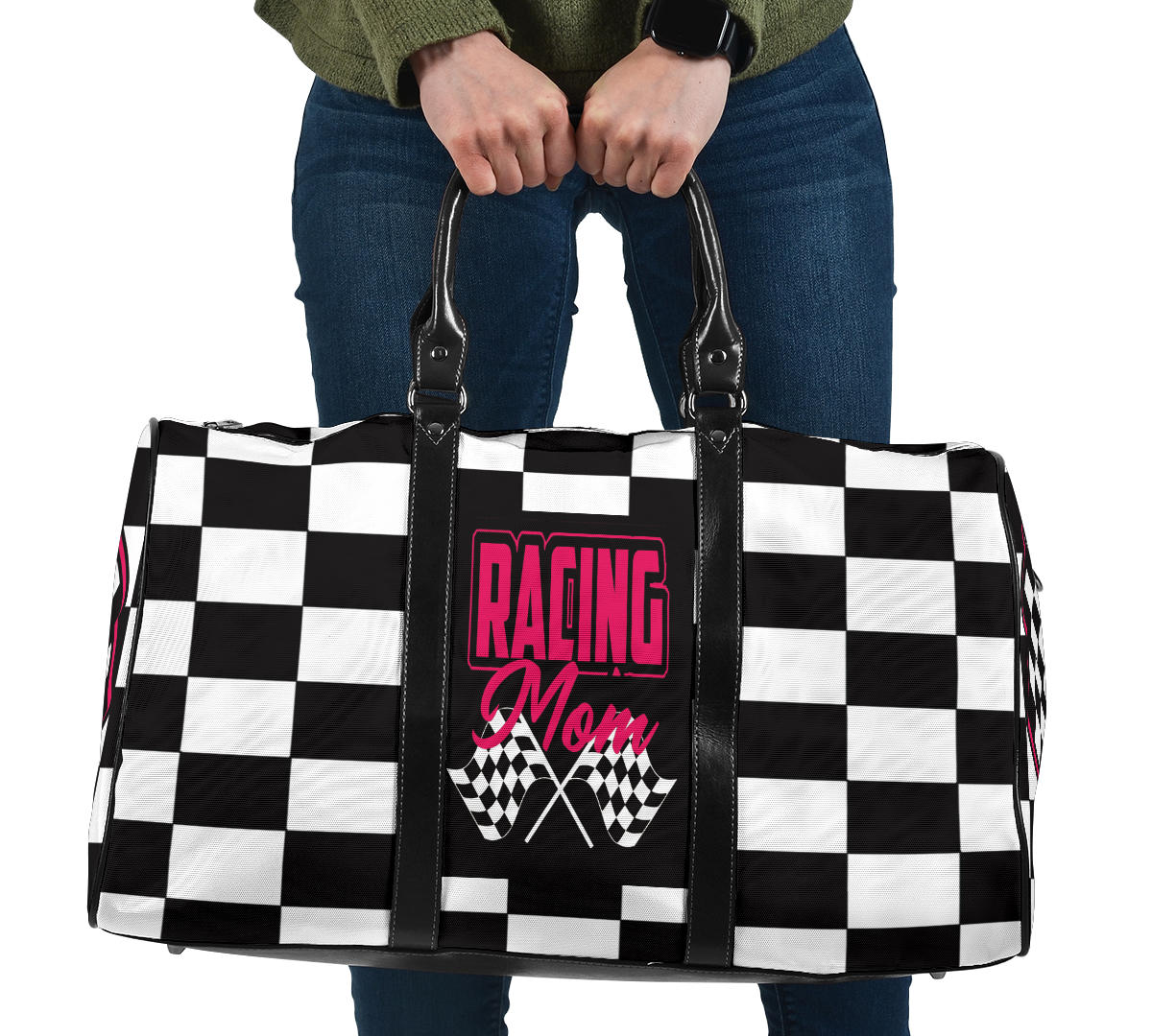 A stylish Racing Mom Travel Bag featuring a checkered flag pattern with the words "Racing Mom" and vibrant pink accents, carried by a model.