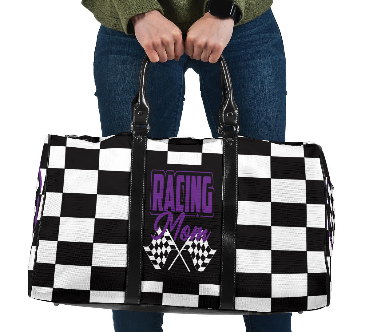 A stylish Racing Mom Travel Bag featuring a checkered flag pattern with the words "Racing Mom" and vibrant purple accents, carried by a model.