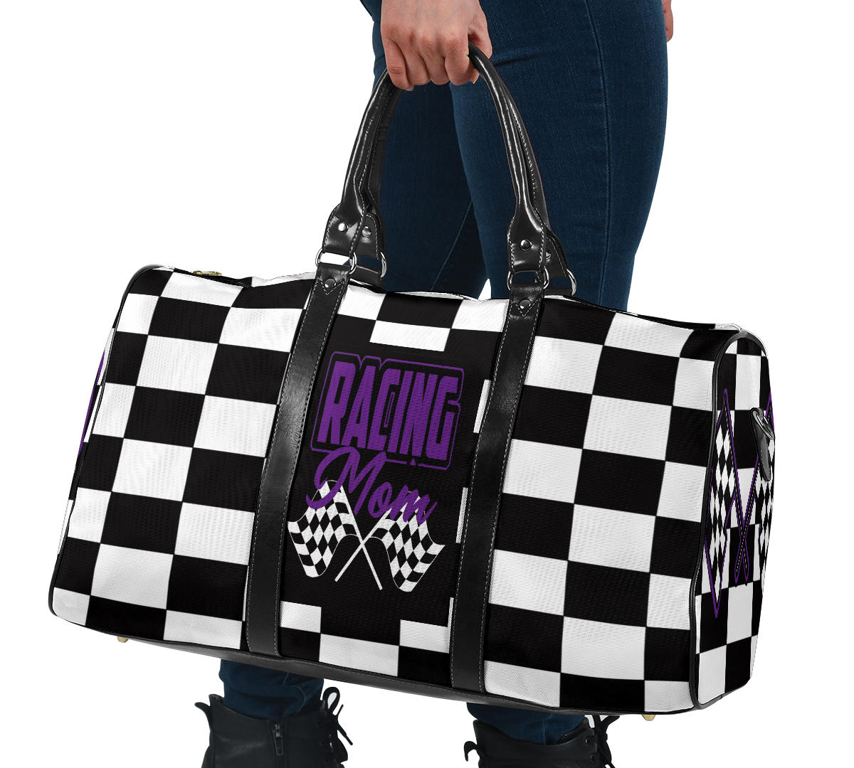 A stylish Racing Mom Travel Bag featuring a checkered flag pattern with the words "Racing Mom" and vibrant purple accents, carried by a model.