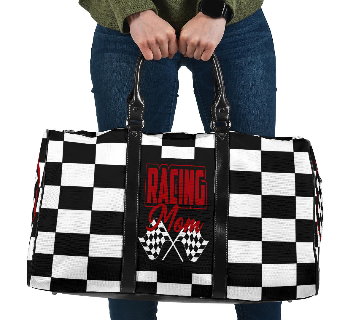 A stylish Racing Mom Travel Bag featuring a checkered flag pattern with the words "Racing Mom" and vibrant red accents, carried by a model.