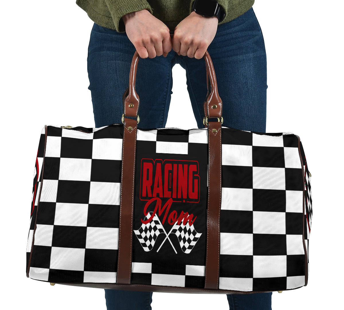 A stylish Racing Mom Travel Bag featuring a checkered flag pattern with the words "Racing Mom" and vibrant red accents, carried by a model.