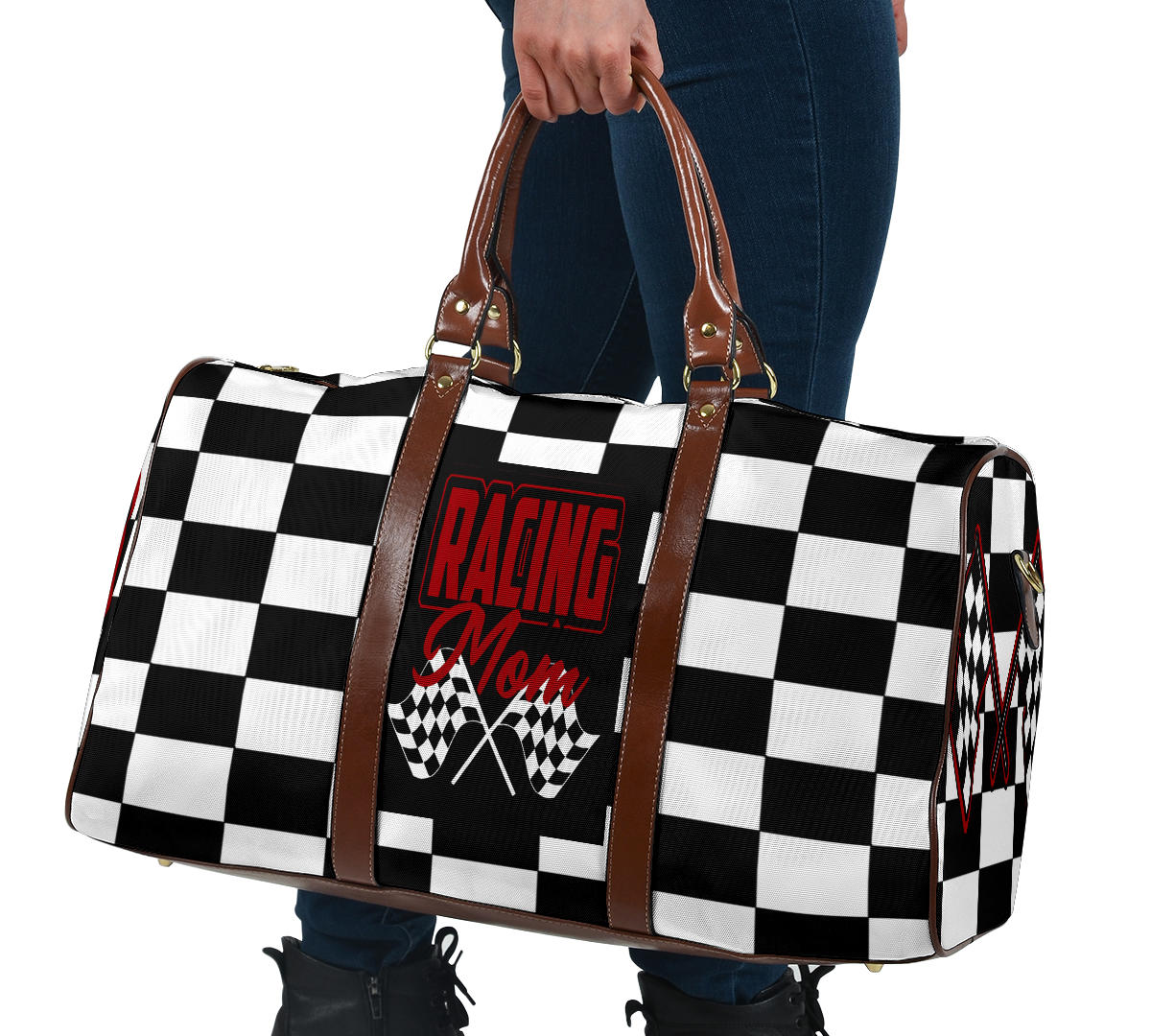 A stylish Racing Mom Travel Bag featuring a checkered flag pattern with the words "Racing Mom" and vibrant red accents, carried by a model.