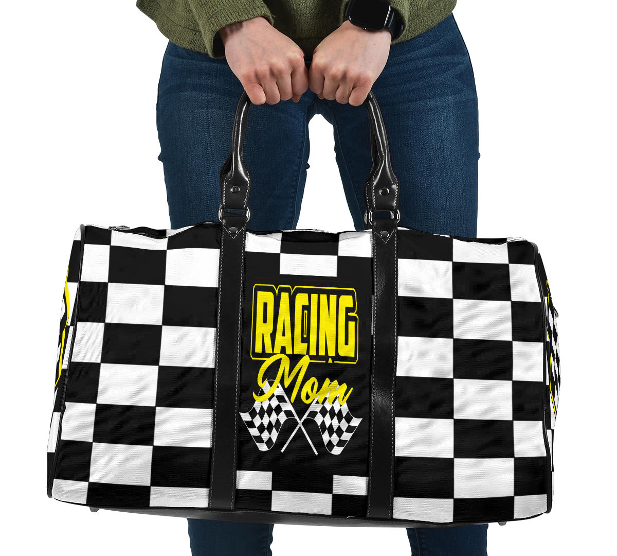 A stylish Racing Mom Travel Bag featuring a checkered flag pattern with the words "Racing Mom" and vibrant yellow accents, carried by a model.