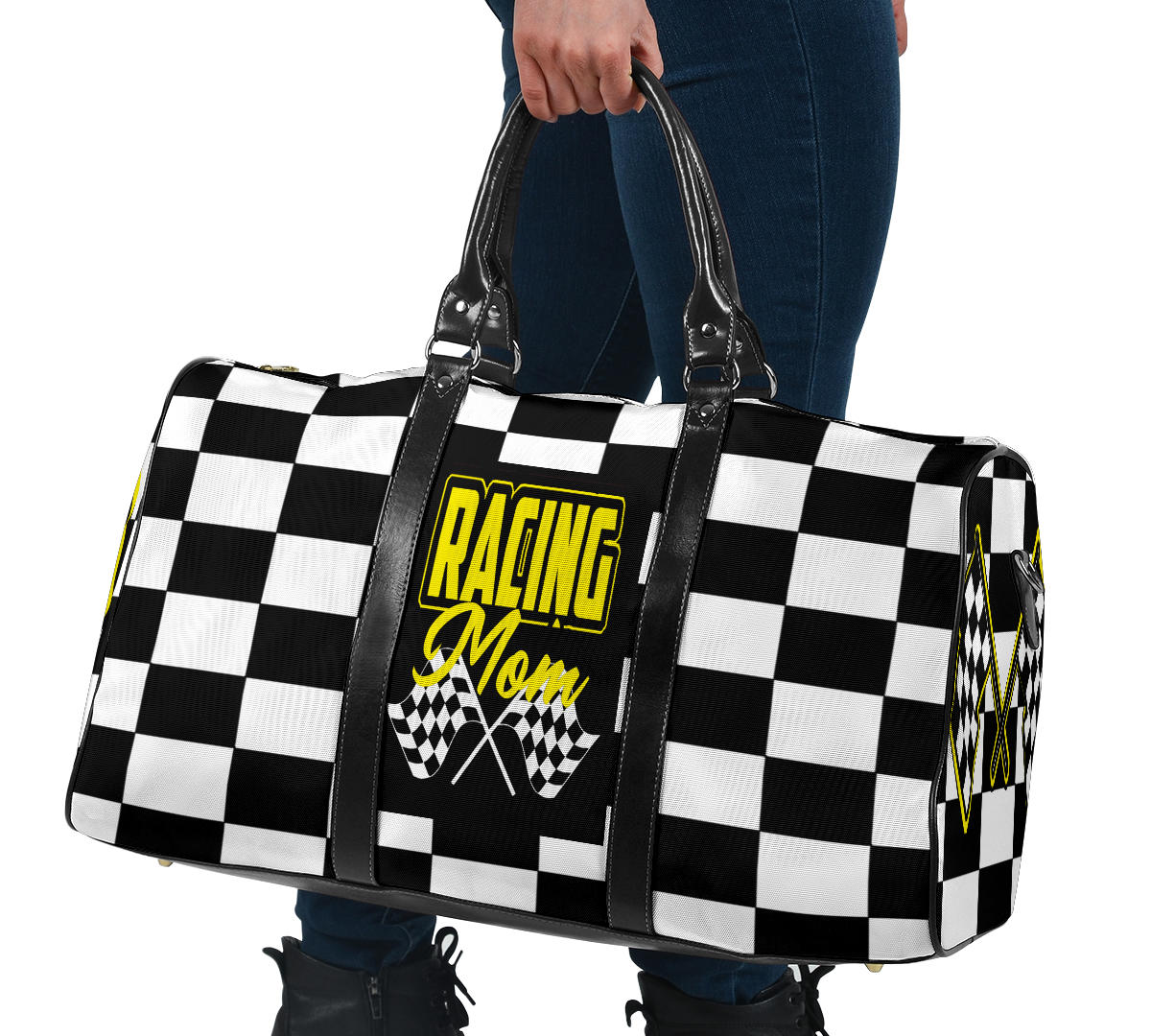 A stylish Racing Mom Travel Bag featuring a checkered flag pattern with the words "Racing Mom" and vibrant yellow accents, carried by a model.