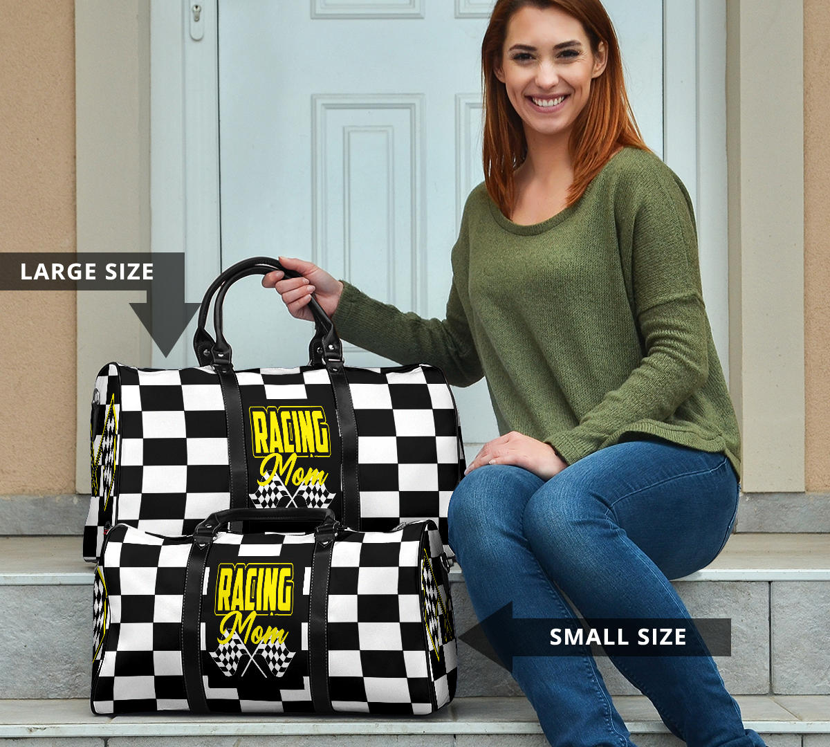 A stylish Racing Mom Travel Bag featuring a checkered flag pattern with the words "Racing Mom" and vibrant yellow accents, carried by a model.