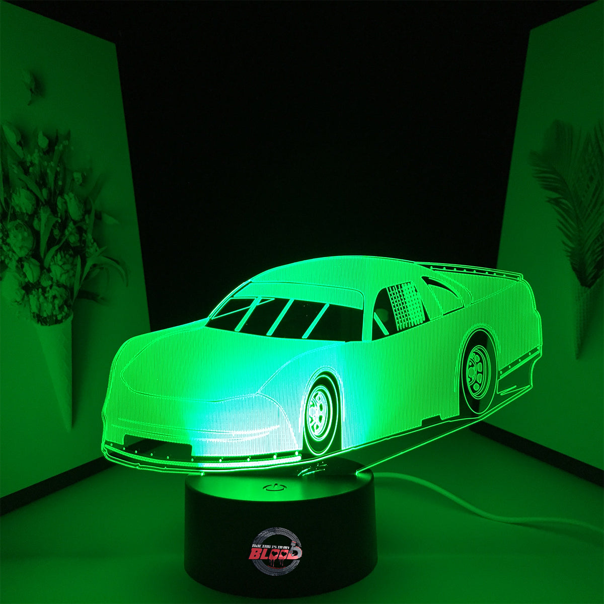 Asphalt Late Model LED Lamp featuring a sleek short track racing car silhouette glowing in a vibrant blue on a premium black base.