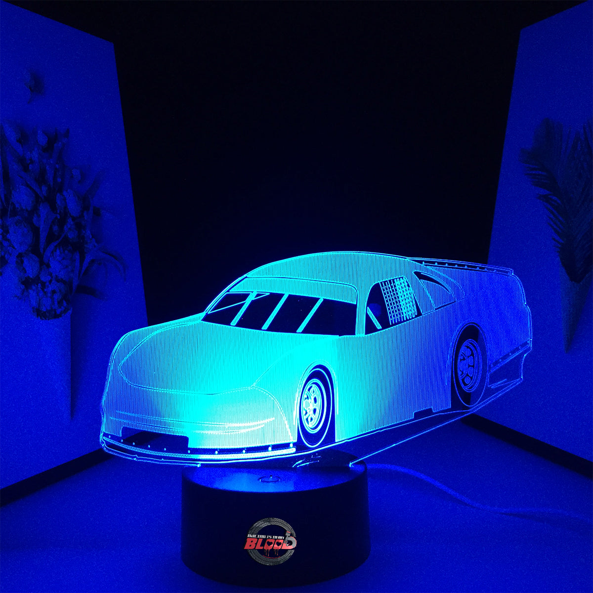 Asphalt Late Model LED Lamp featuring a sleek short track racing car silhouette glowing in a vibrant blue on a premium black base.