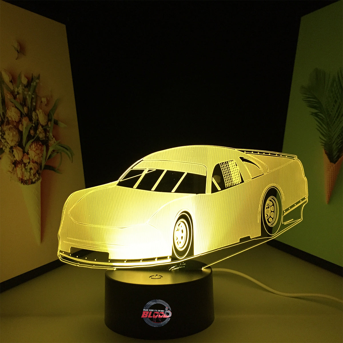 Asphalt Late Model LED Lamp featuring a sleek short track racing car silhouette glowing in a vibrant blue on a premium black base.