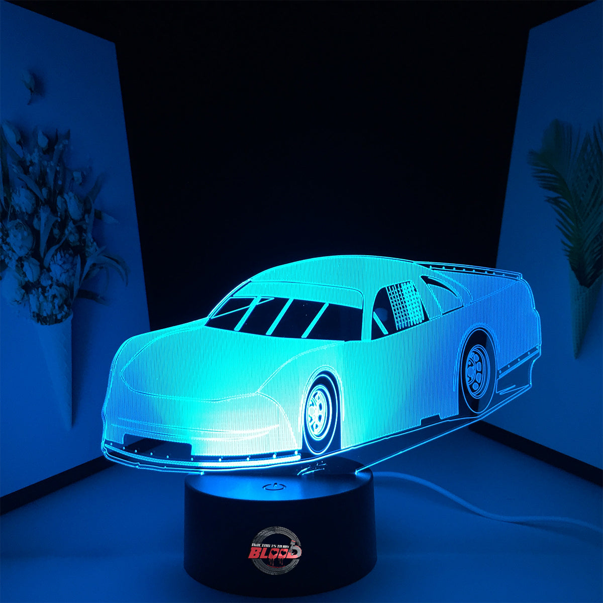 Asphalt Late Model LED Lamp featuring a sleek short track racing car silhouette glowing in a vibrant blue on a premium black base.