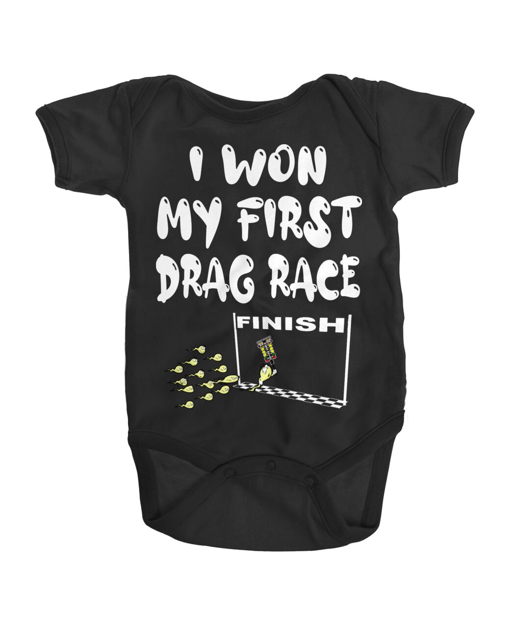 Baby onesie featuring the "I Won My First Drag Race" graphic, designed with a reinforced three-snap closure and 100% combed ringspun cotton rib.