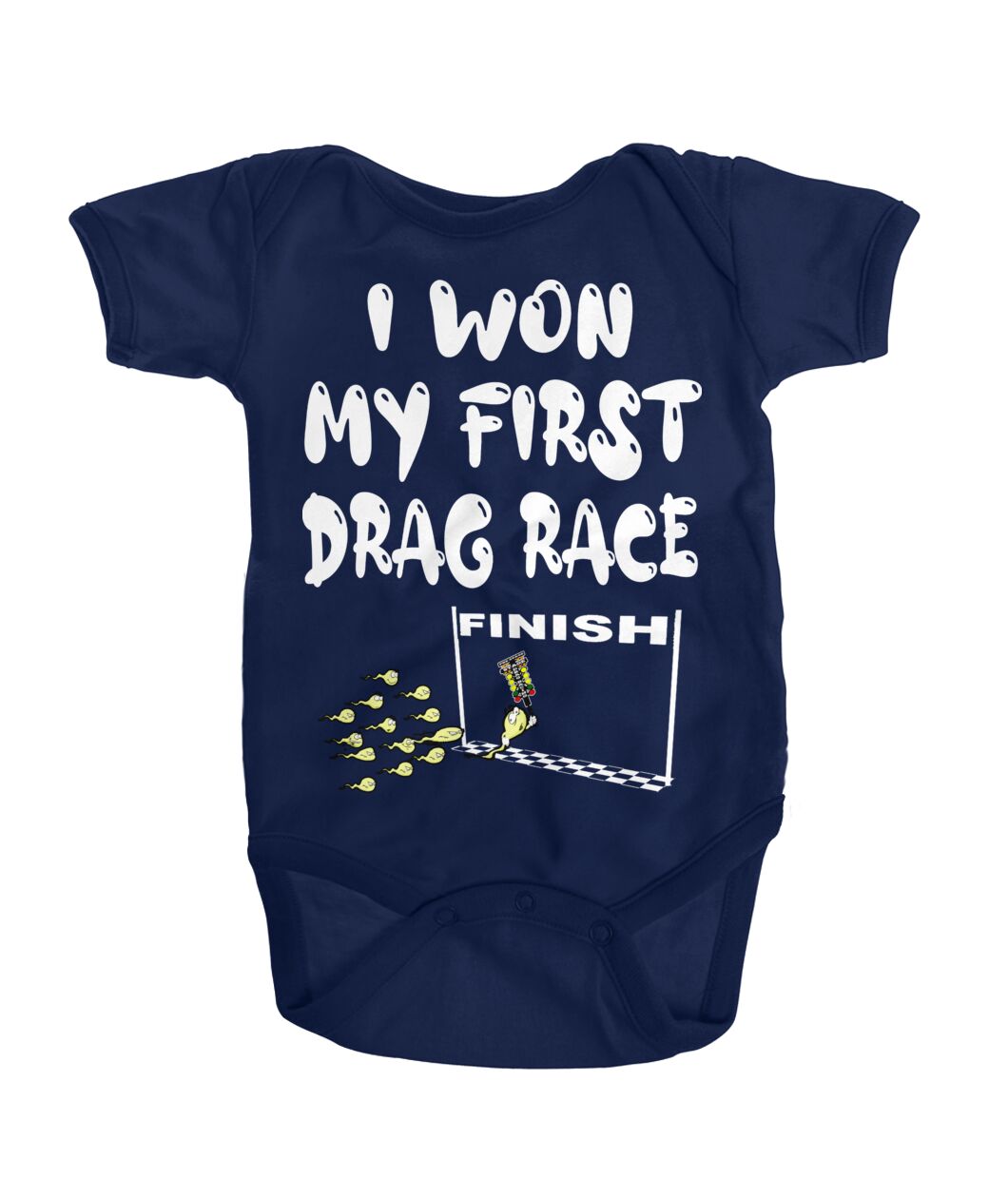 Baby onesie featuring the "I Won My First Drag Race" graphic, designed with a reinforced three-snap closure and 100% combed ringspun cotton rib.