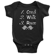 Baby onesie with "Crawl Walk Race" graphic, featuring reinforced three-snap closure and soft ringspun cotton for future racing champions.