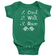 Baby onesie with "Crawl Walk Race" graphic, featuring reinforced three-snap closure and soft ringspun cotton for future racing champions.